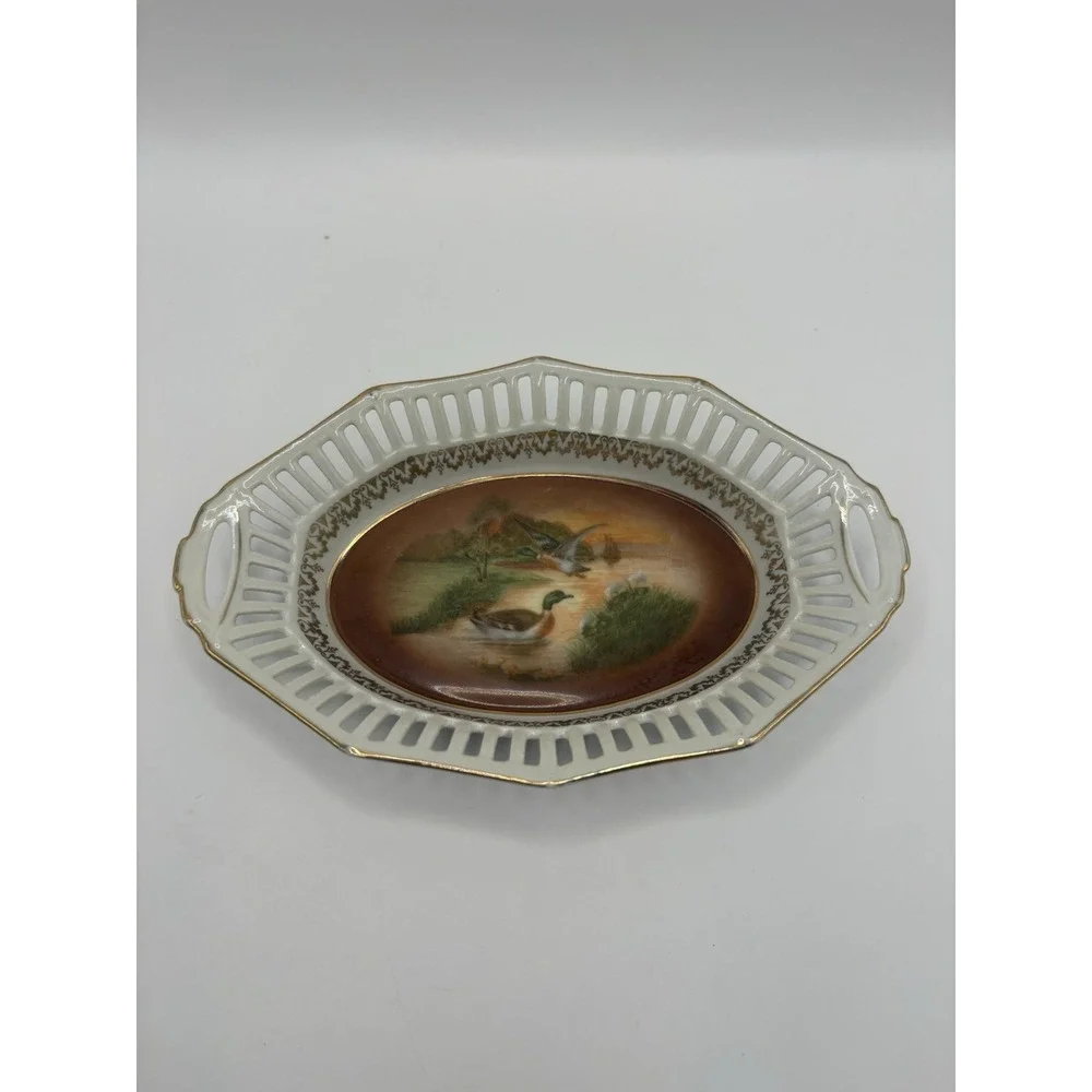 Bavaria Germany Duck Mallard Scene Oval Trinket Dish w/gold edge